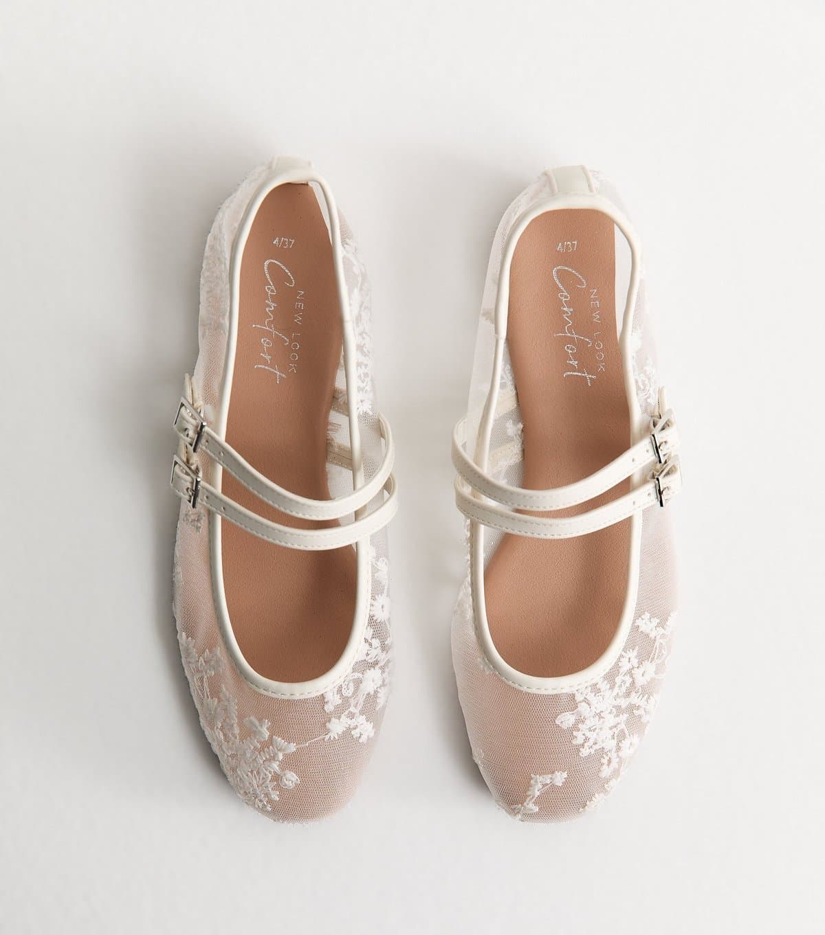 New Look New Look White Floral Mesh Double Strap Mary Jane Pumps