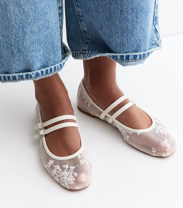 New Look Women's White Floral Mesh Double Strap Mary Jane Pumps Vegan New Look - 2