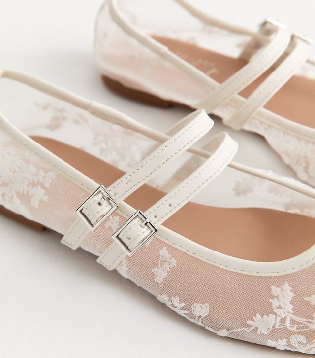 New Look Women's White Floral Mesh Double Strap Mary Jane Pumps Vegan New Look - 3