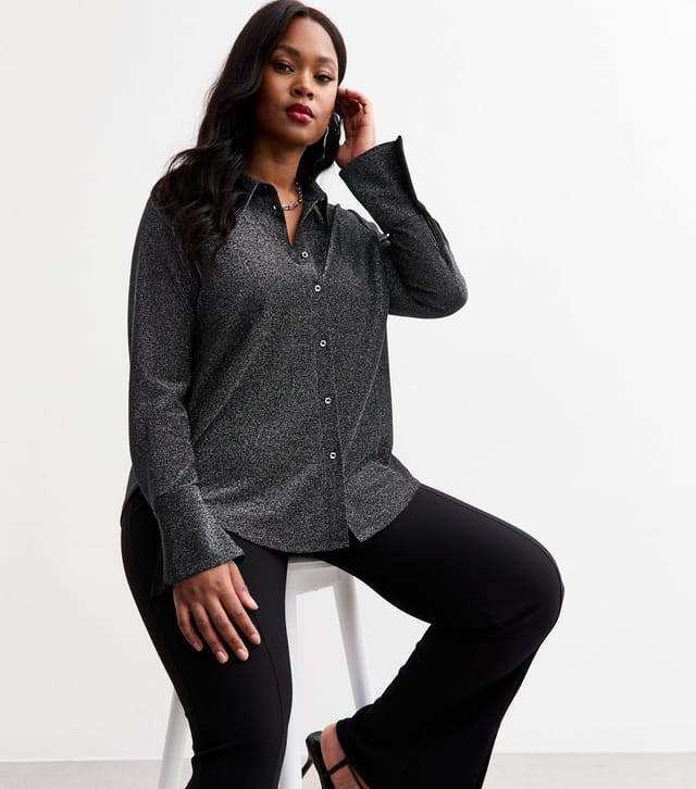 New Look Women's Plus Size Black Glittery Flared Sleeve Shirt Curves New Look - 2