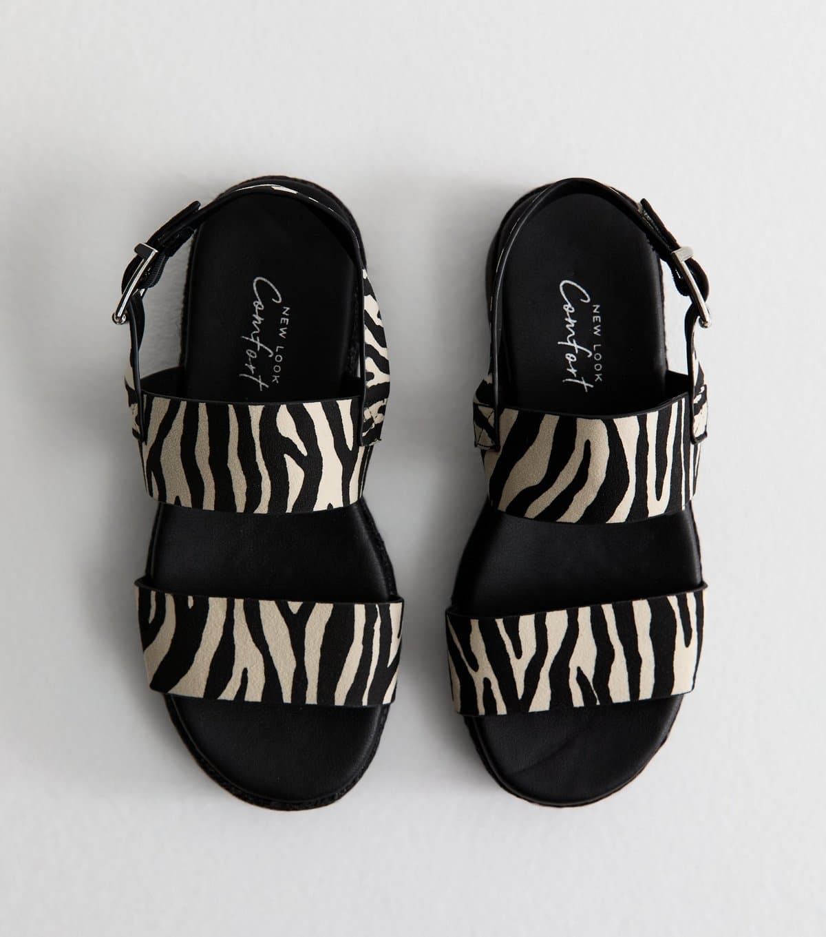 New Look Women's Wide Fit Black Faux Suede Zebra Print Flatform Sandals Vegan New Look