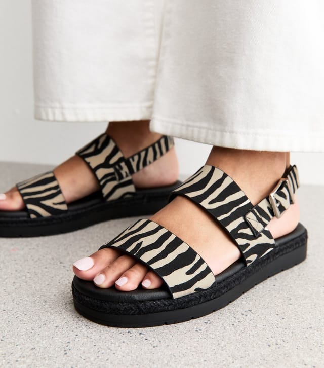 New Look Women's Wide Fit Black Faux Suede Zebra Print Flatform Sandals Vegan New Look - 2