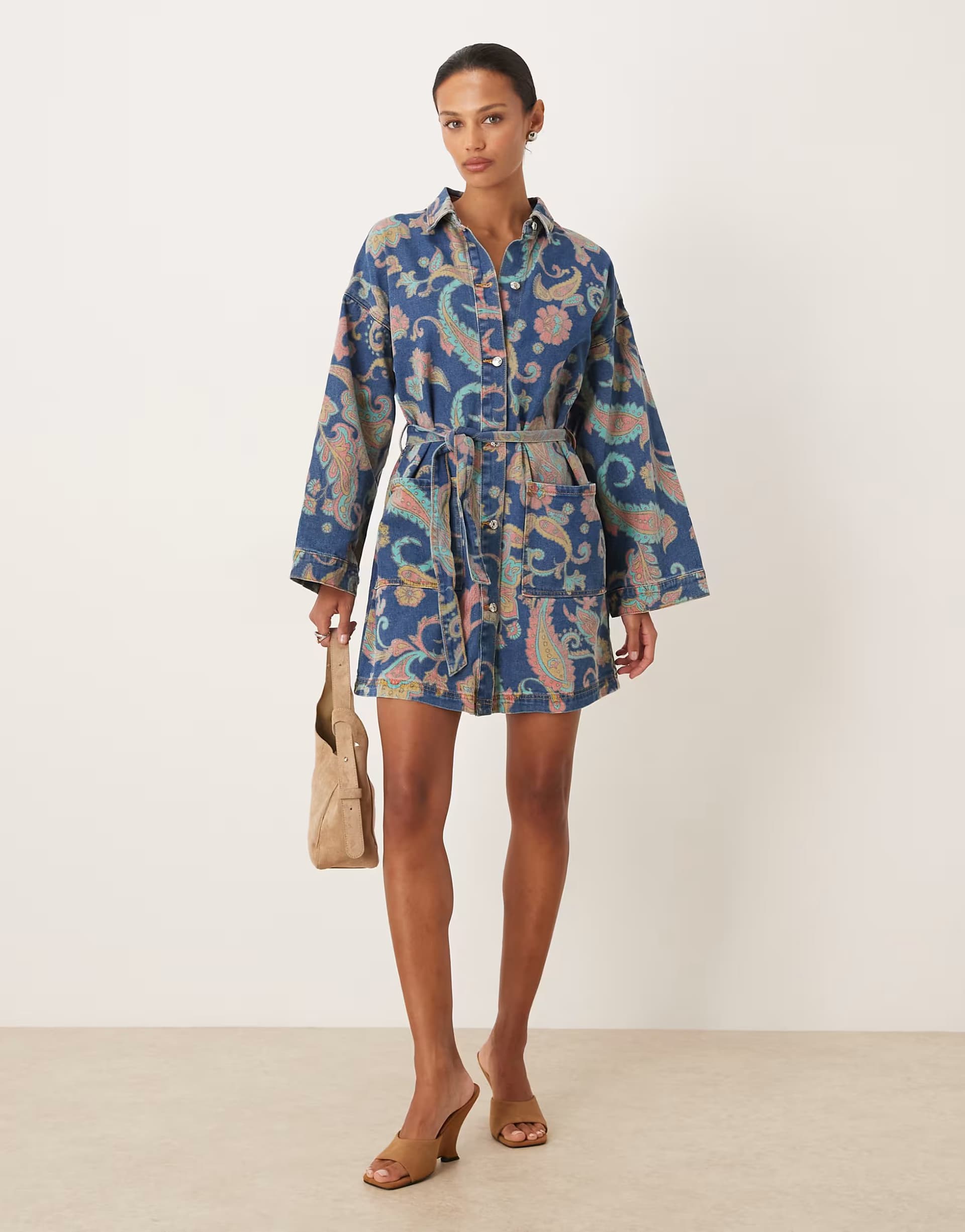 ASOS Never Fully Dressed belted denim shacket dress in blue paisley