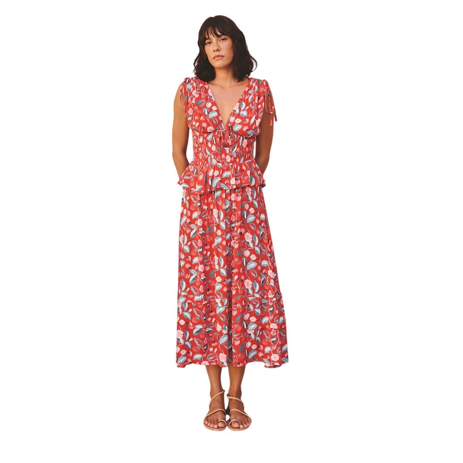 Cath Kidston Red Floral Shirred Midi Dress