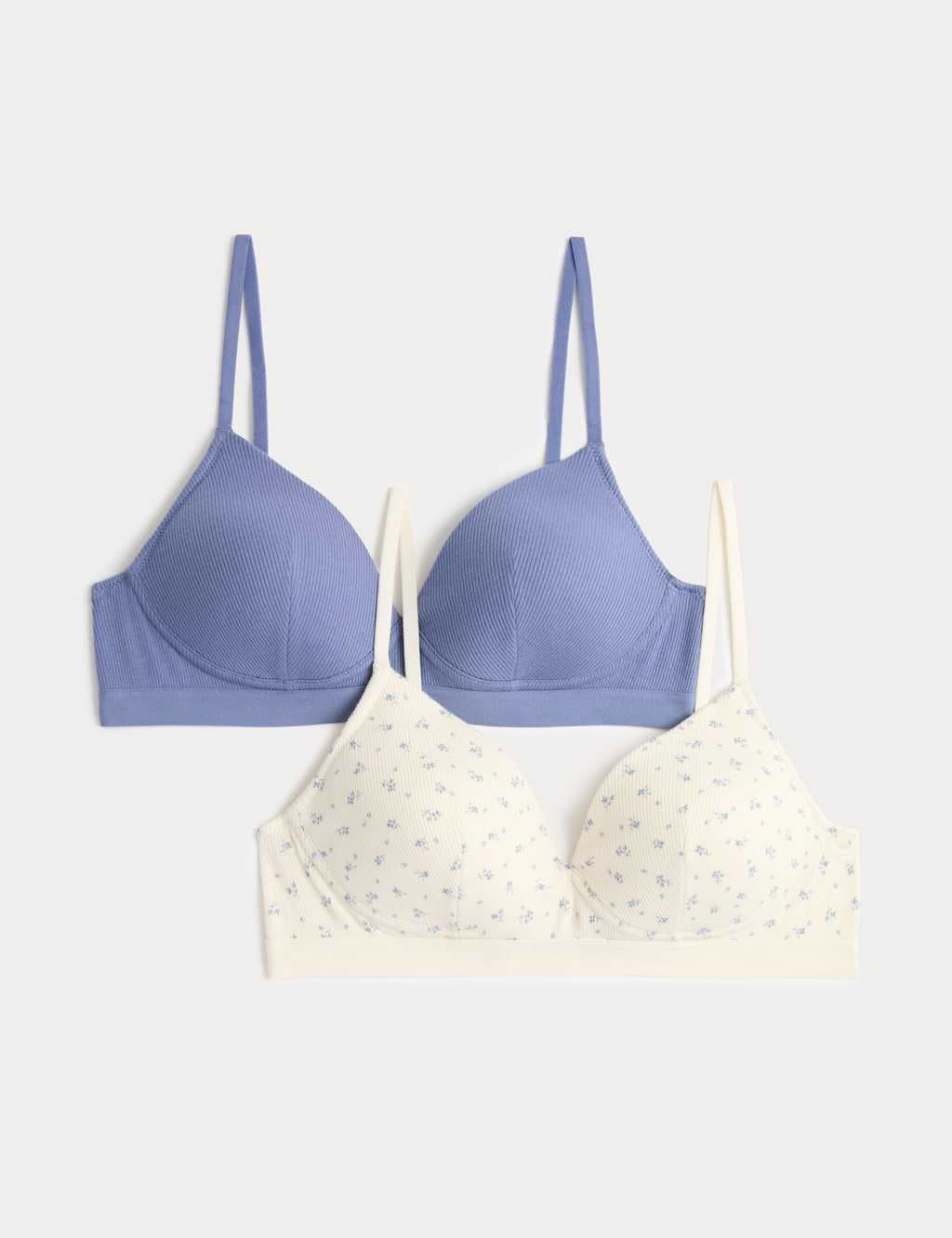 Marks & Spencer M&S 2 Pack Non Wired Cotton Rich Ribbed First Bras AA-D Blue Mix