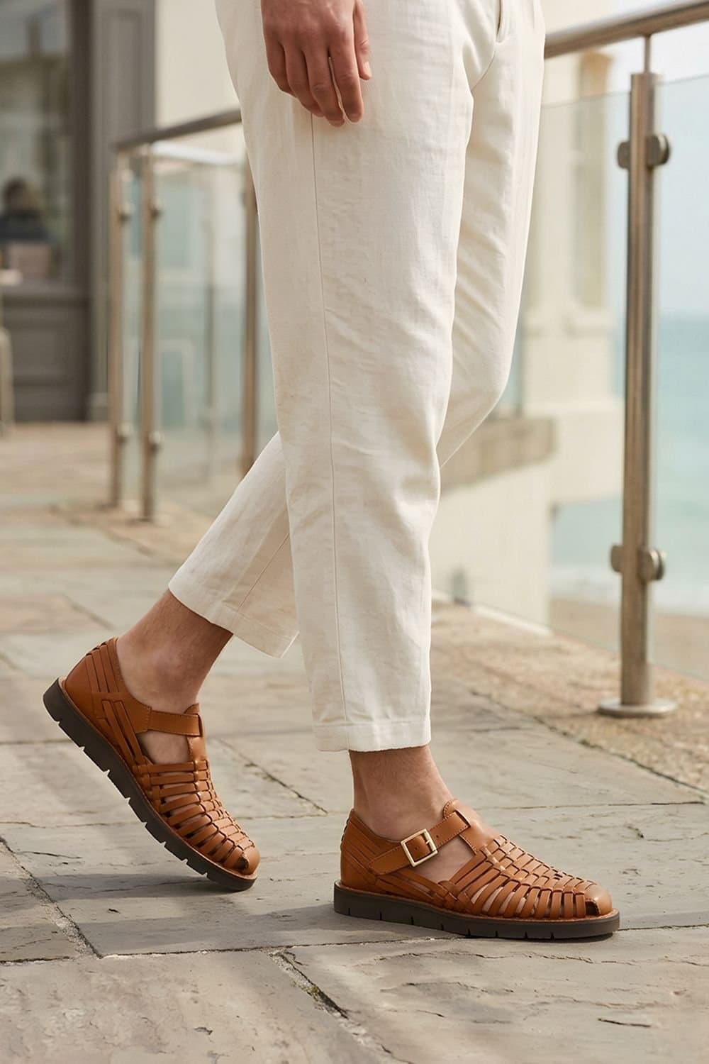 Leather Collection Leather Collection Men's Leather Flat Weaved Sandals in Tan