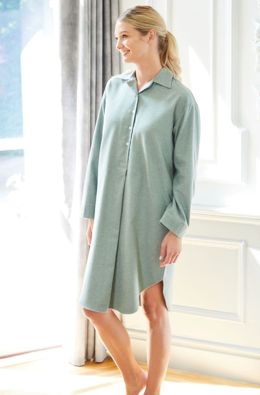 British Boxers British Boxers Women's "Moss" Herringbone Brushed Cotton Nightshirt in Dark Green - 2