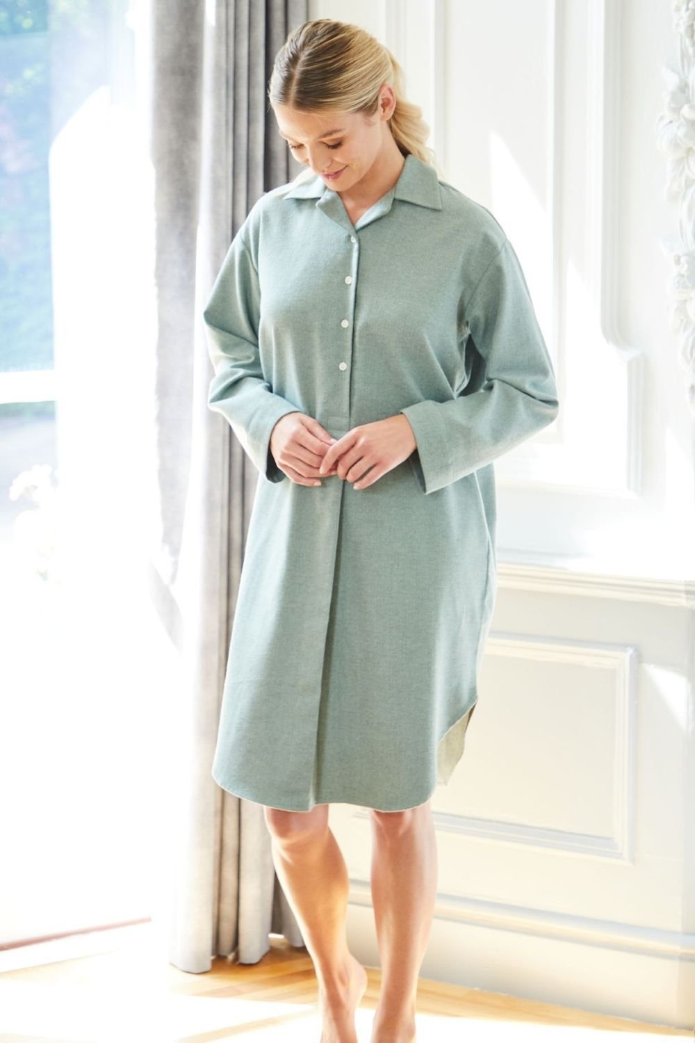 British Boxers British Boxers Women's "Moss" Herringbone Brushed Cotton Nightshirt in Dark Green - 3