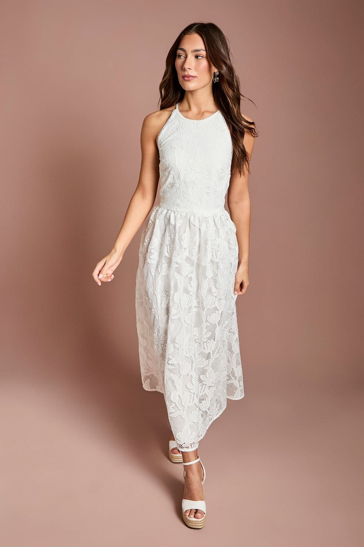 Coast Coast Women's Halter Neck Lace Midi Dress in Ivory