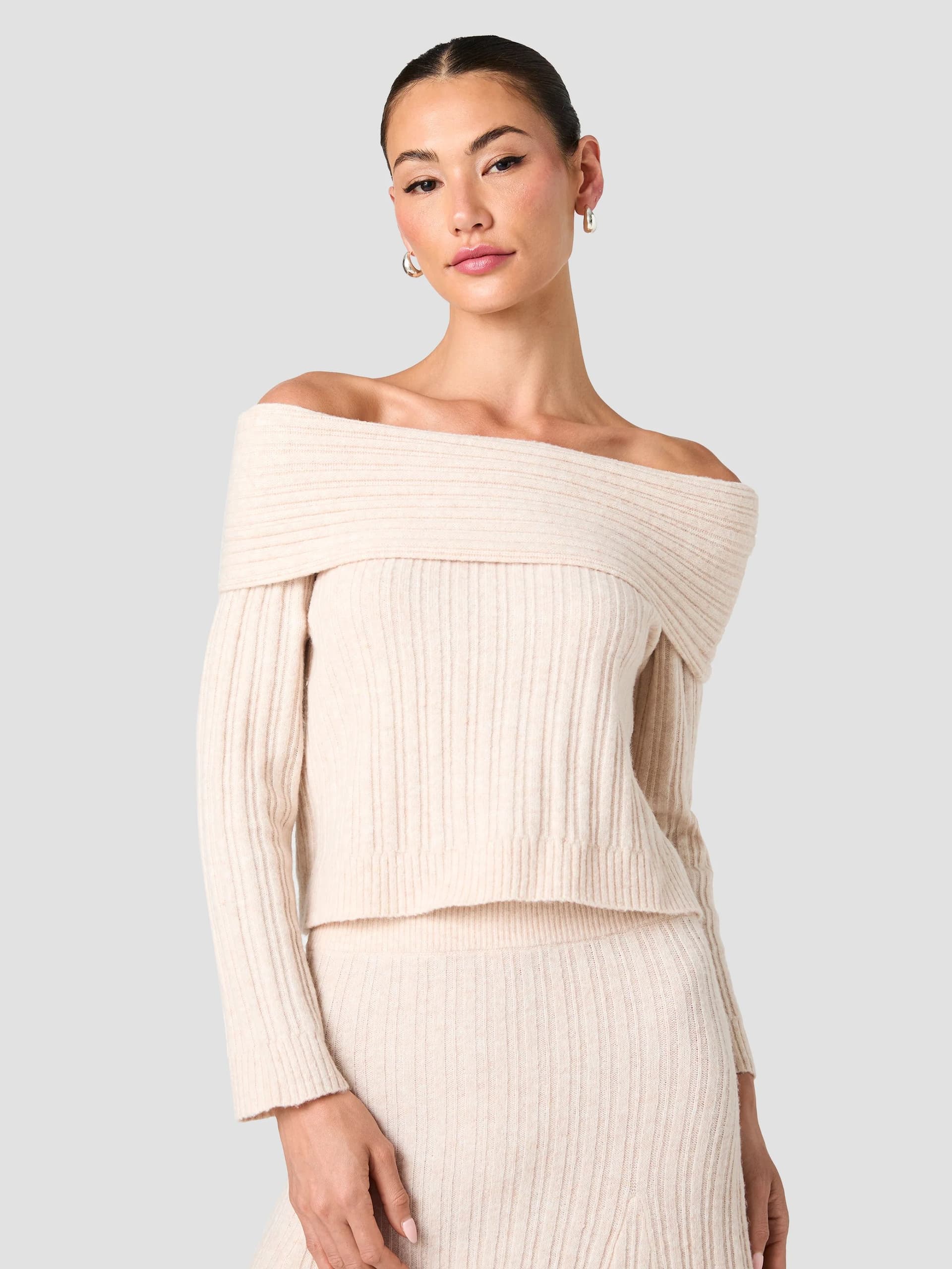 French Connection Cream Ribbed Knit Off Shoulder Jumper Oatmeal Mel