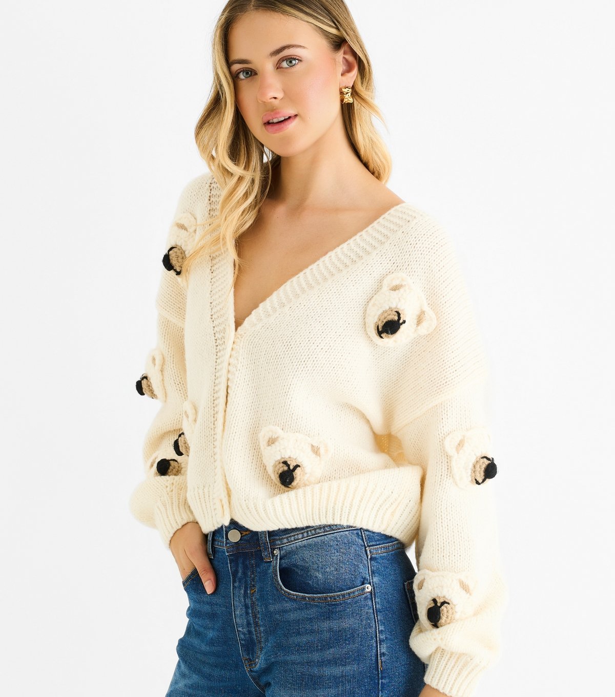 Gini London Women's Cream Contrast Teddy Crochet Cardigan Gini London New Look - 3