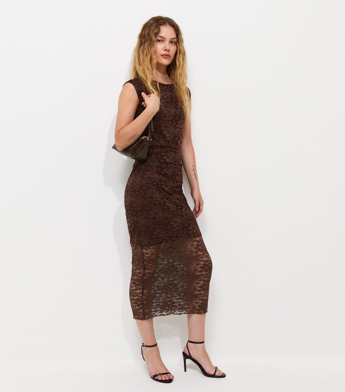 New Look Women's Dark Brown Lace Ruched Side Sleeveless Midi Sleeve Dress New Look