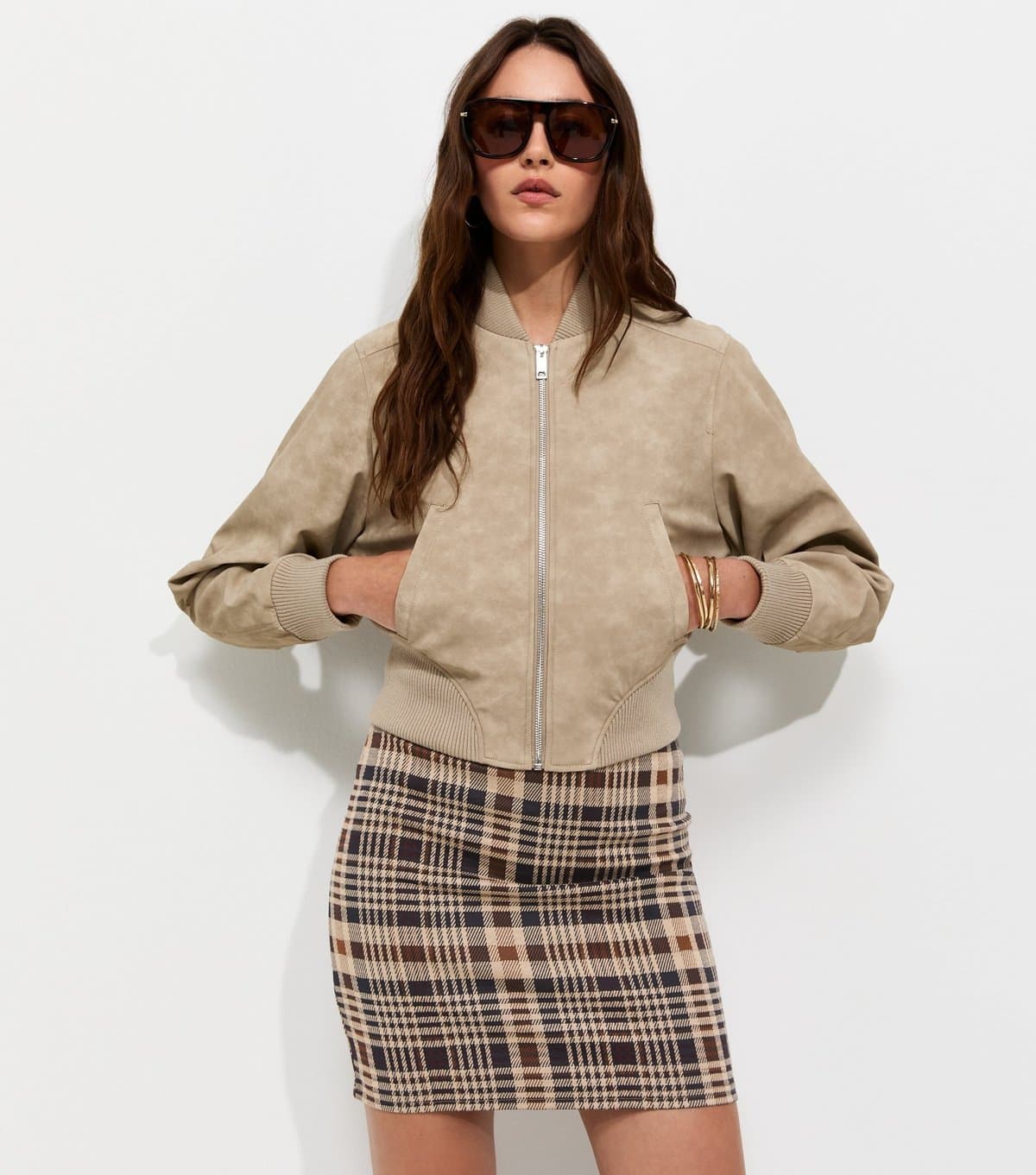 New Look Women's Cream Check Jacquard Tube Mini Skirt New Look