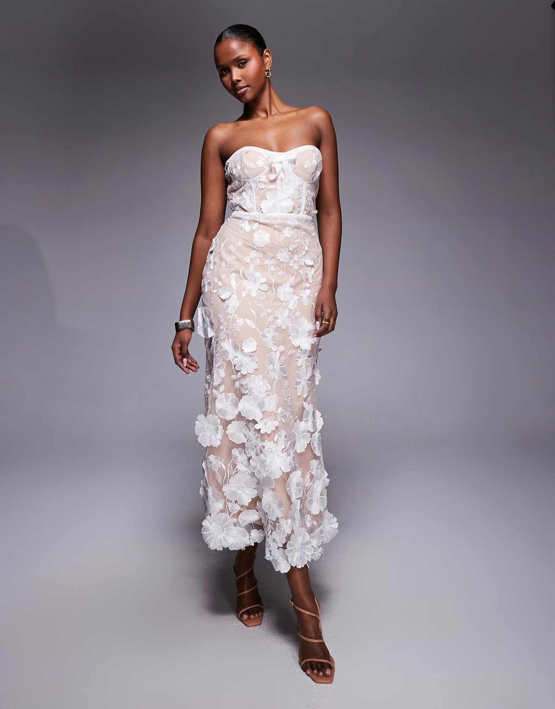 ASOS Jarlo Jolene corset bandeau midaxi dress in 3D lace in ivory