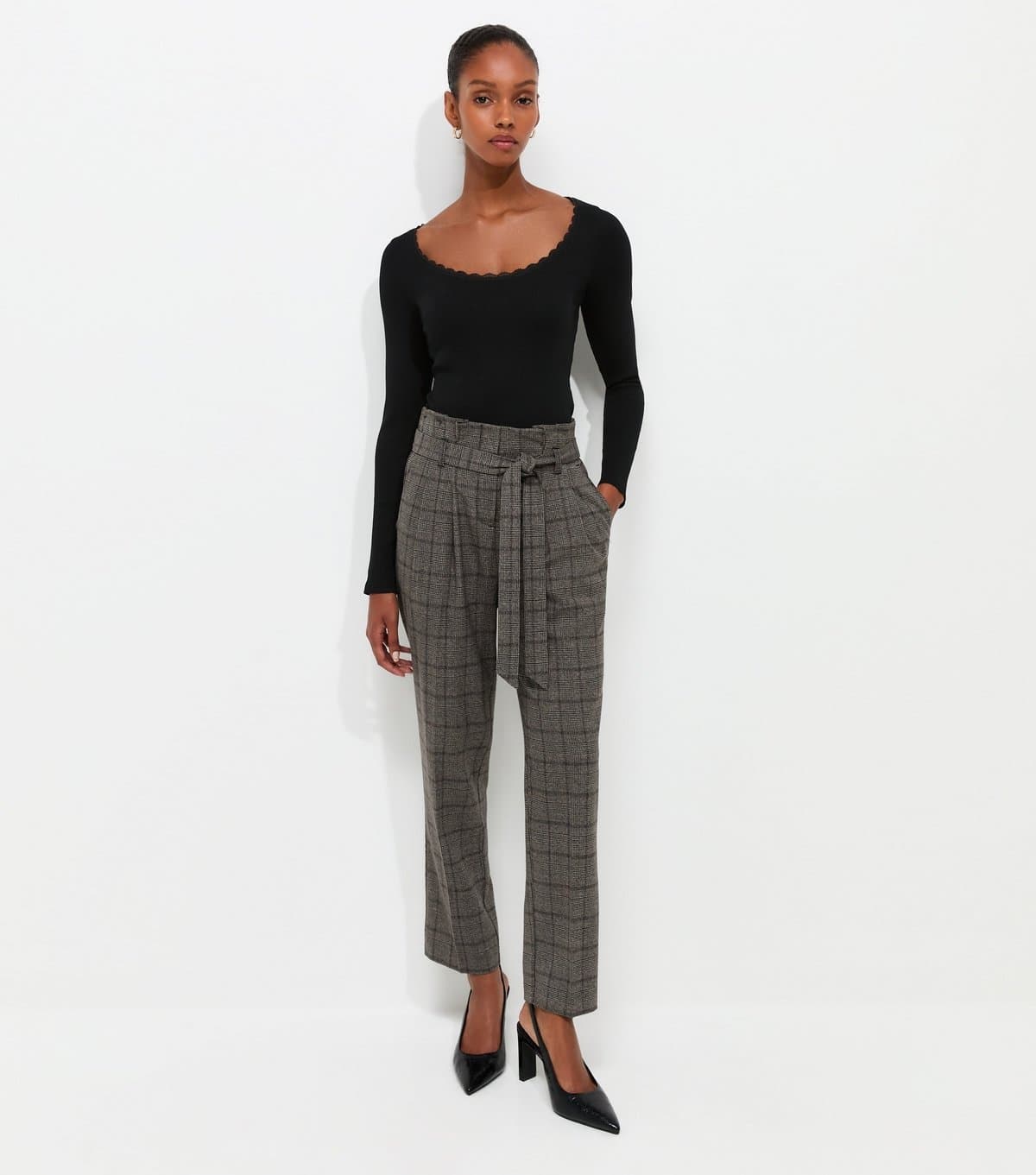 New Look Women's Brown Herringbone Check Pattern Paperbag Waist Trousers New Look