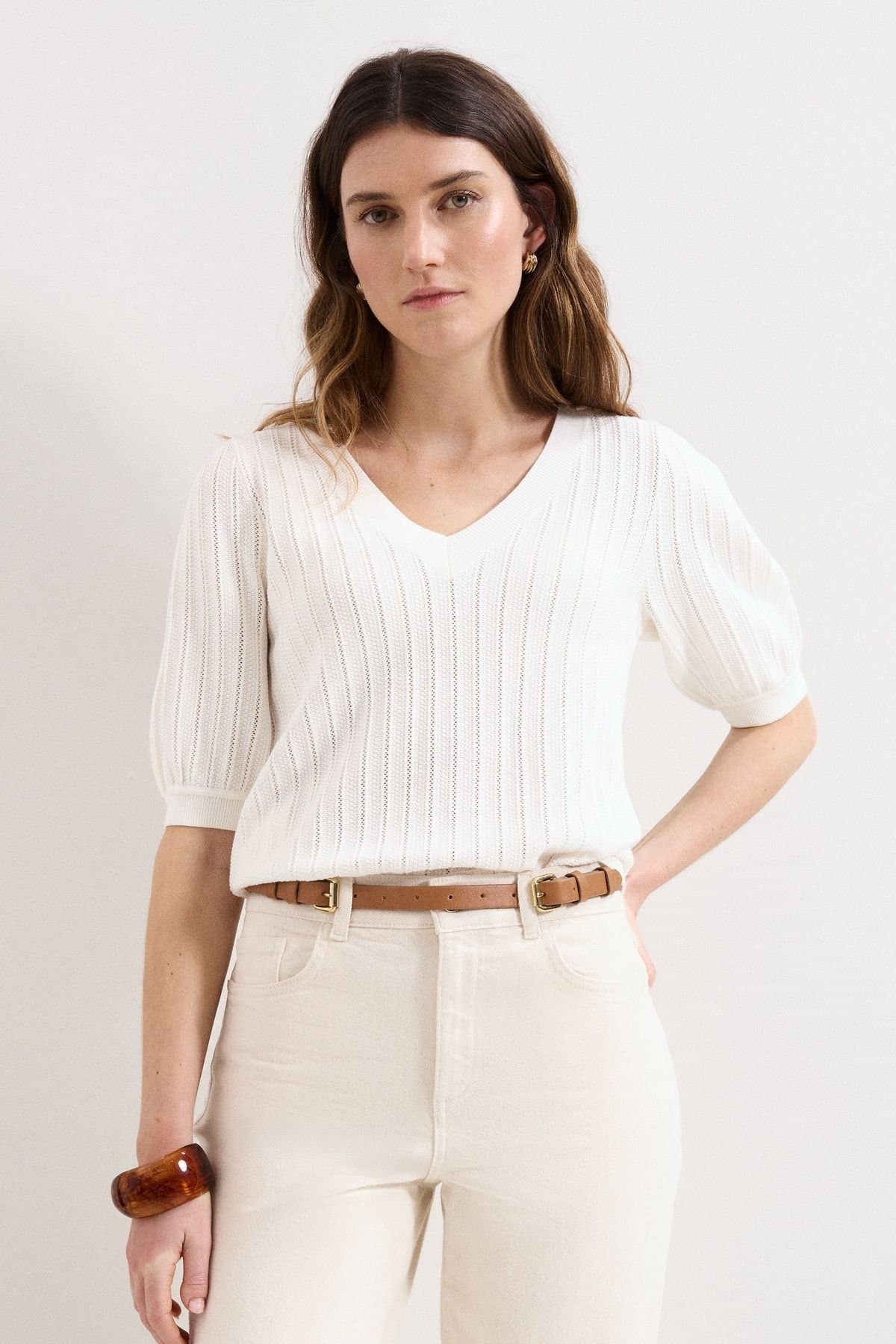 Phase Eight Phase Eight White Ribbed Knit V-Neck Top