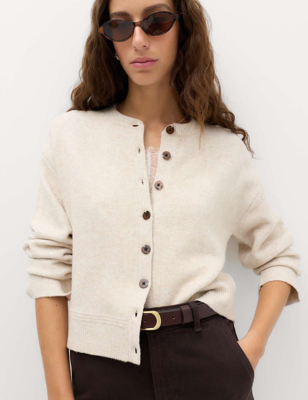 Marks & Spencer M&S Oatmeal Wool Crew Neck Cardigan