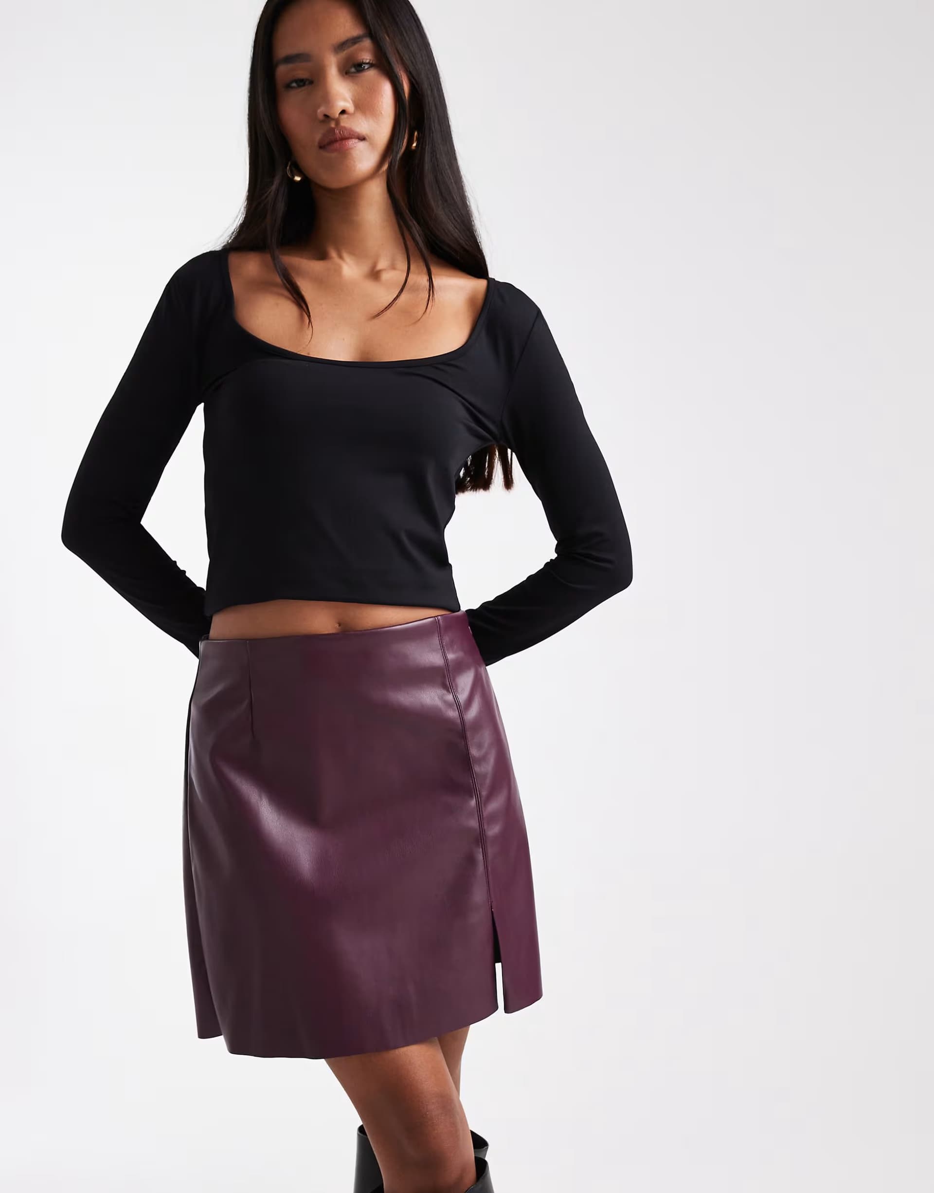 ASOS Vero Moda faux leather mini skirt with notch front in burgundy