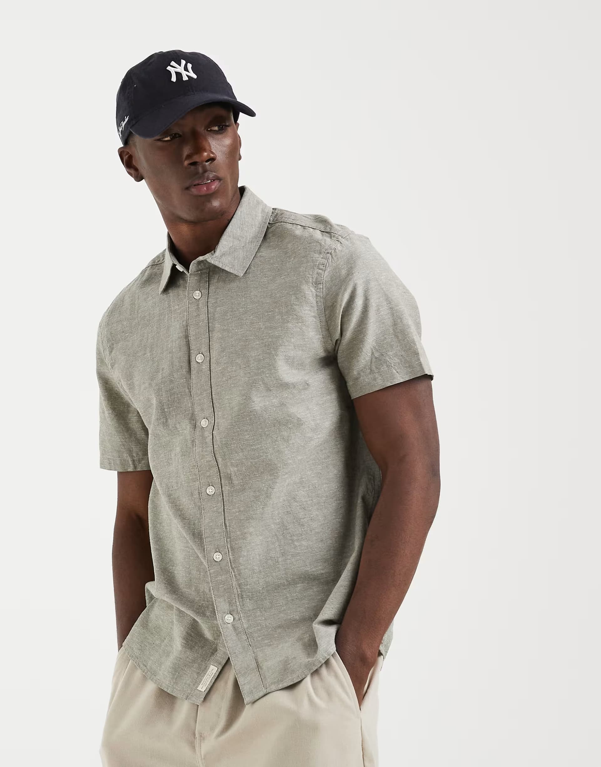 ASOS BLEND cotton-linen regular fit shirt in dusty olive