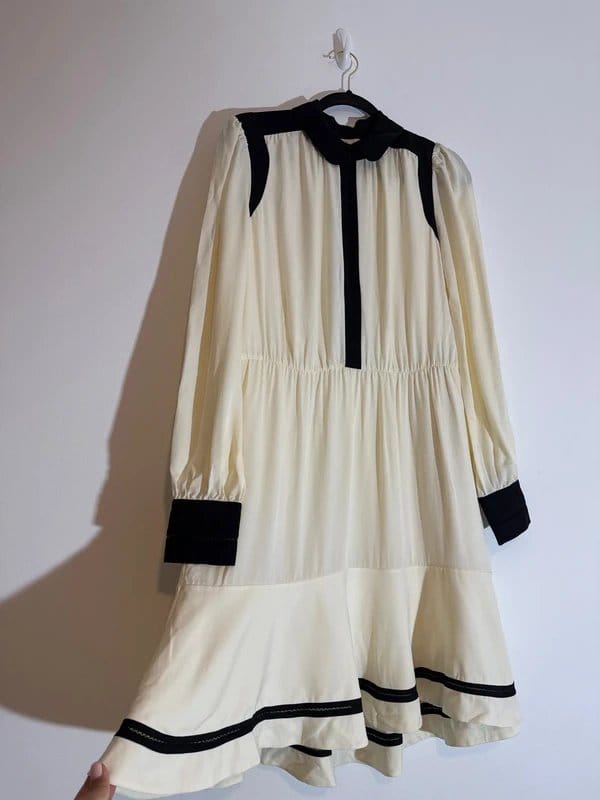 ME+EM Cream and Black Fit and Flare Silk Dress UK 16
