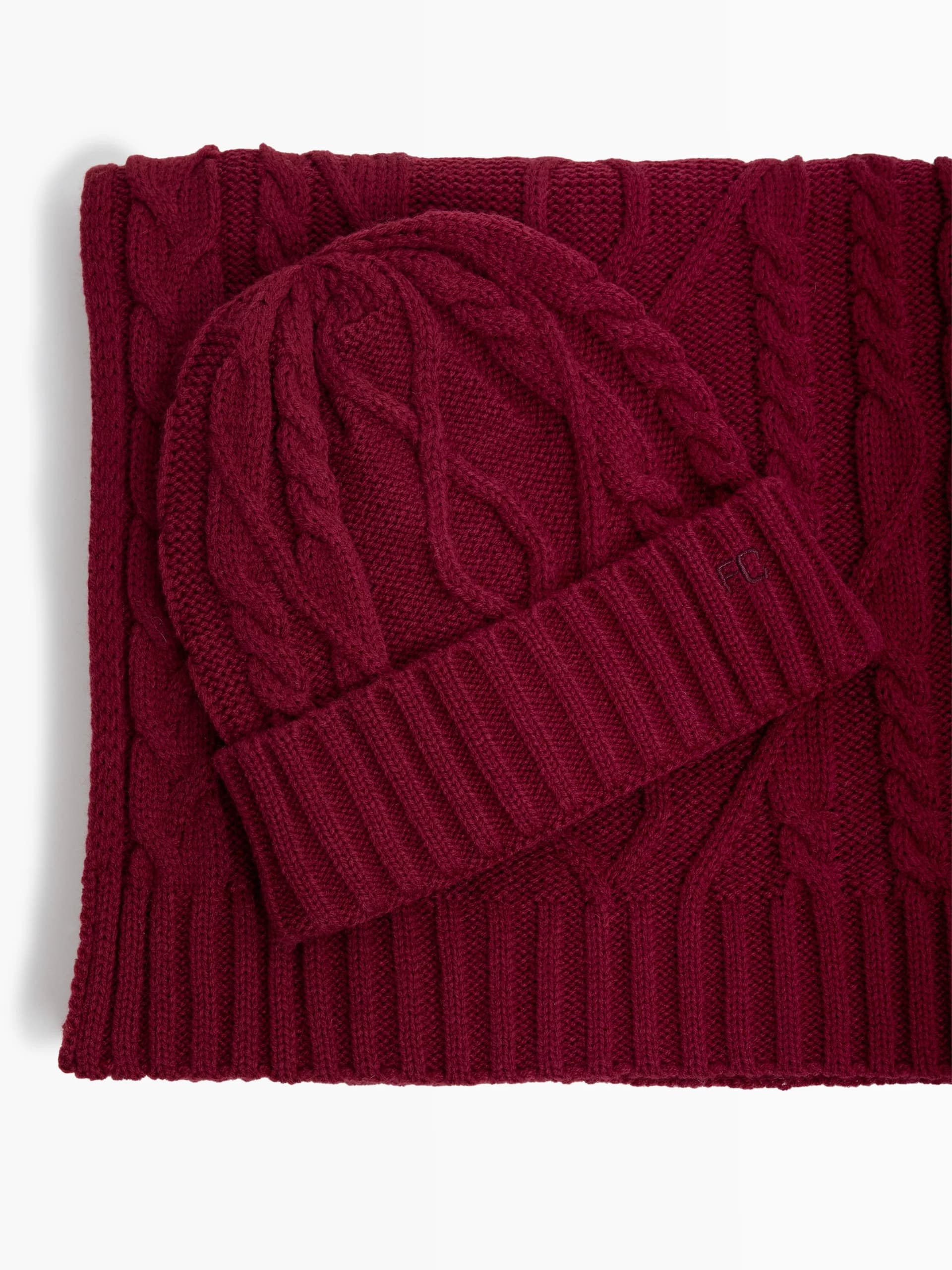 French Connection French Connection Cable Knit Scarf and Beanie Set Baked Cherry