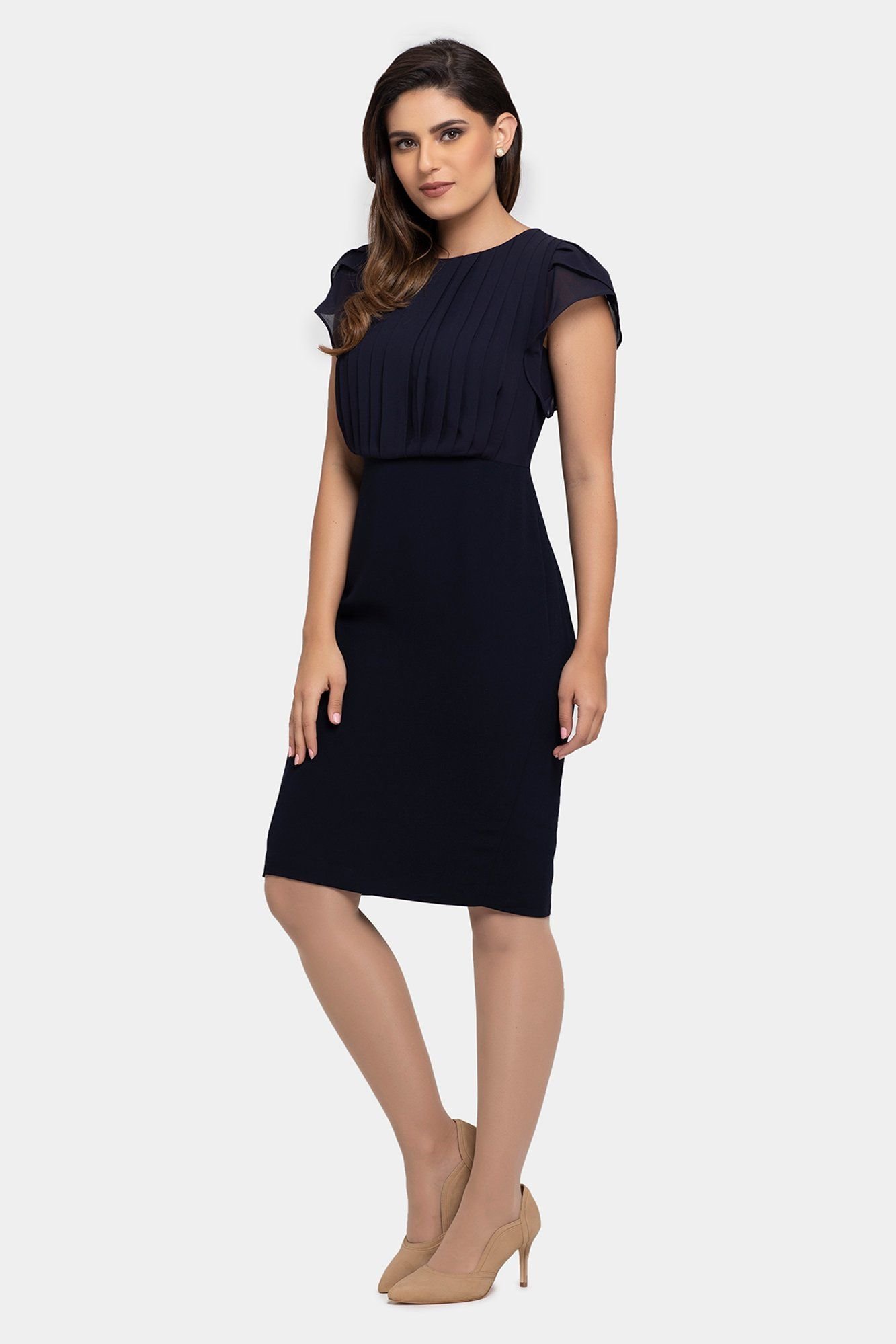 LBV Fashion LBV Fashion Women's Pleated Tulip Sleeve Chiffon Dress in Dark Navy - 2