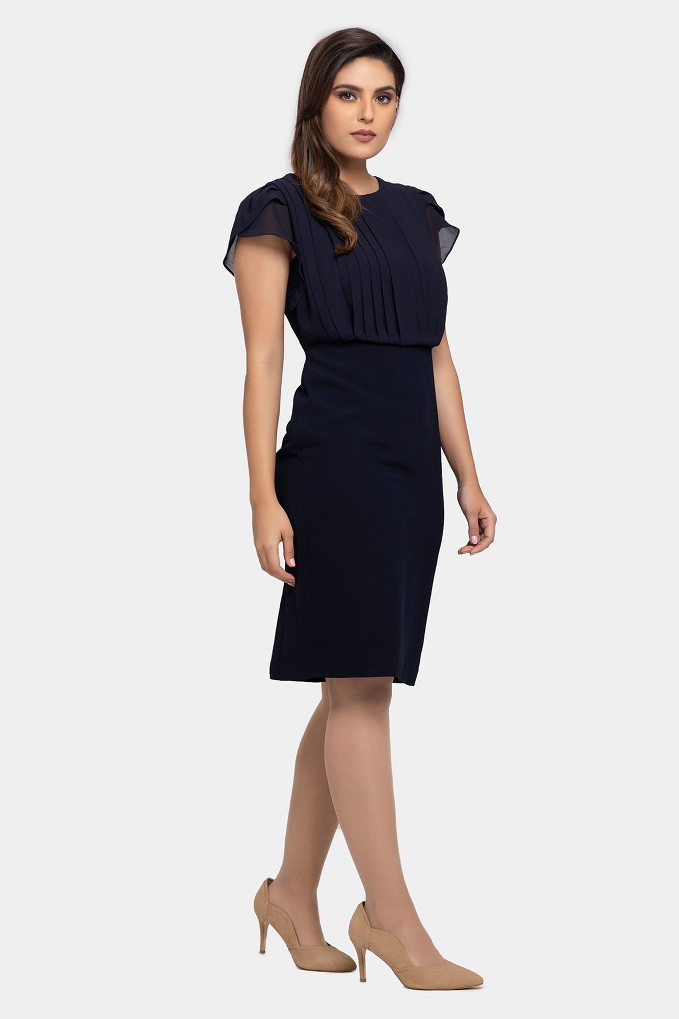 LBV Fashion LBV Fashion Women's Pleated Tulip Sleeve Chiffon Dress in Dark Navy - 3