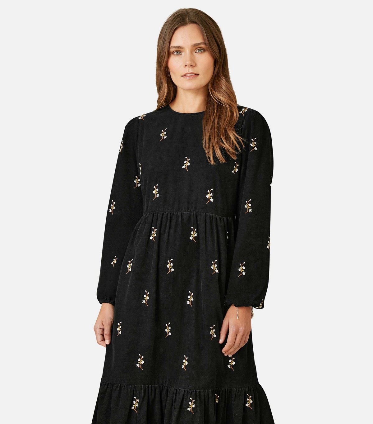 Yumi Women's Black Corduroy Floral Embroidered Midi Dress Yumi New Look - 2
