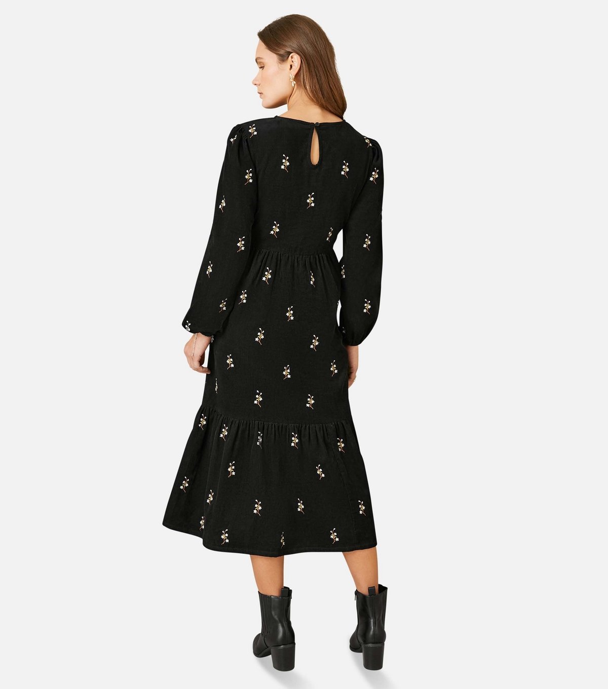 Yumi Women's Black Corduroy Floral Embroidered Midi Dress Yumi New Look - 3