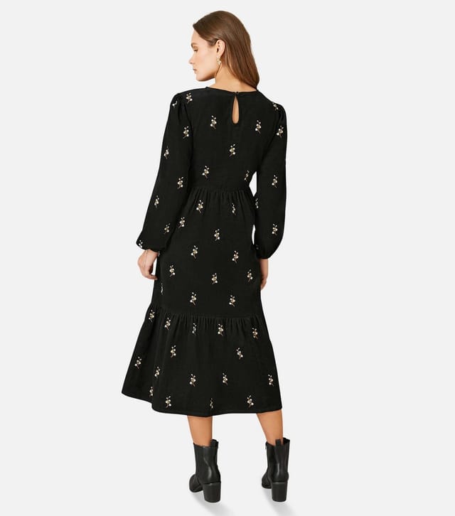 Yumi Women's Black Corduroy Floral Embroidered Midi Dress Yumi New Look - 3