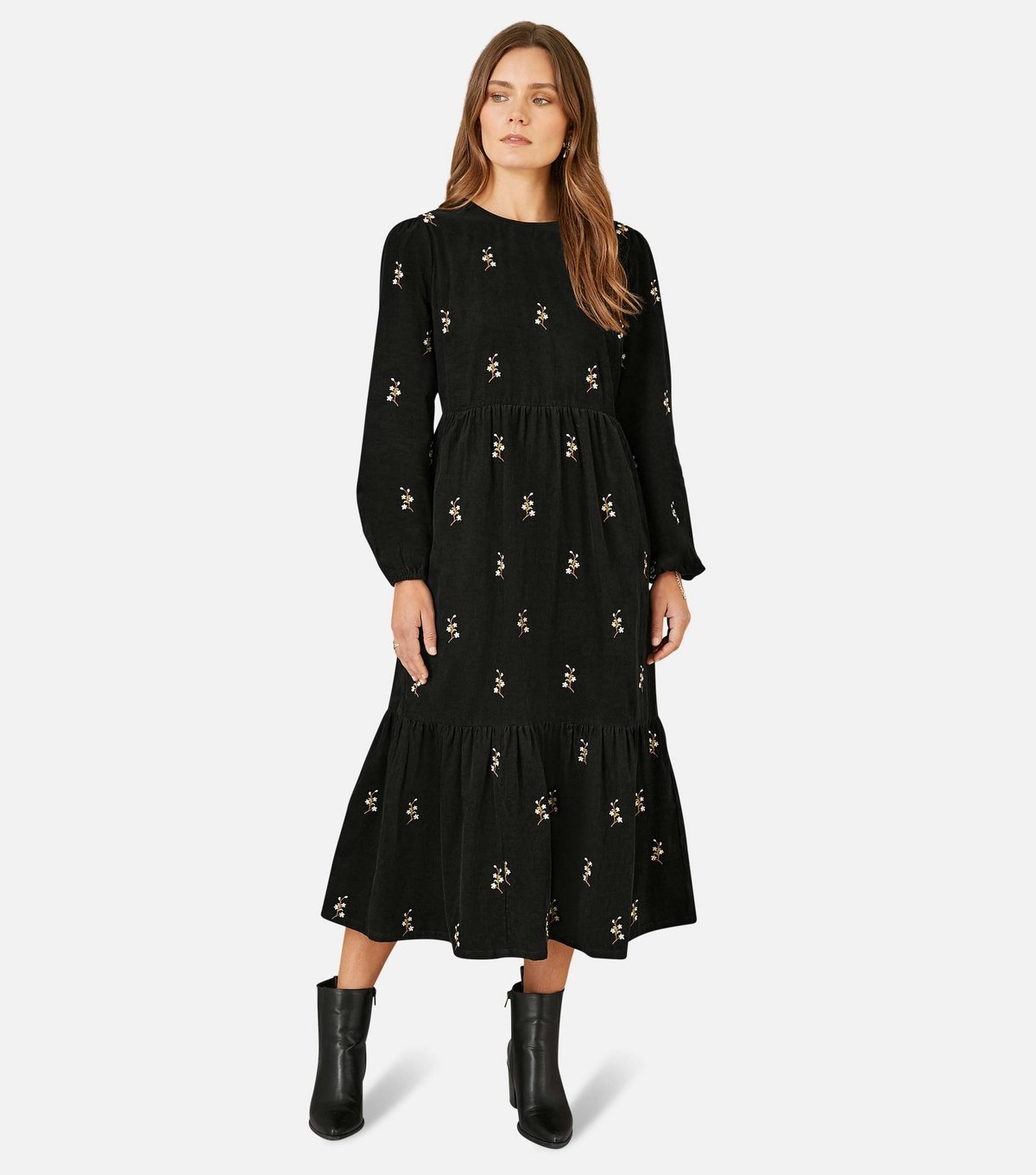 Yumi Women's Black Corduroy Floral Embroidered Midi Dress Yumi New Look - 4