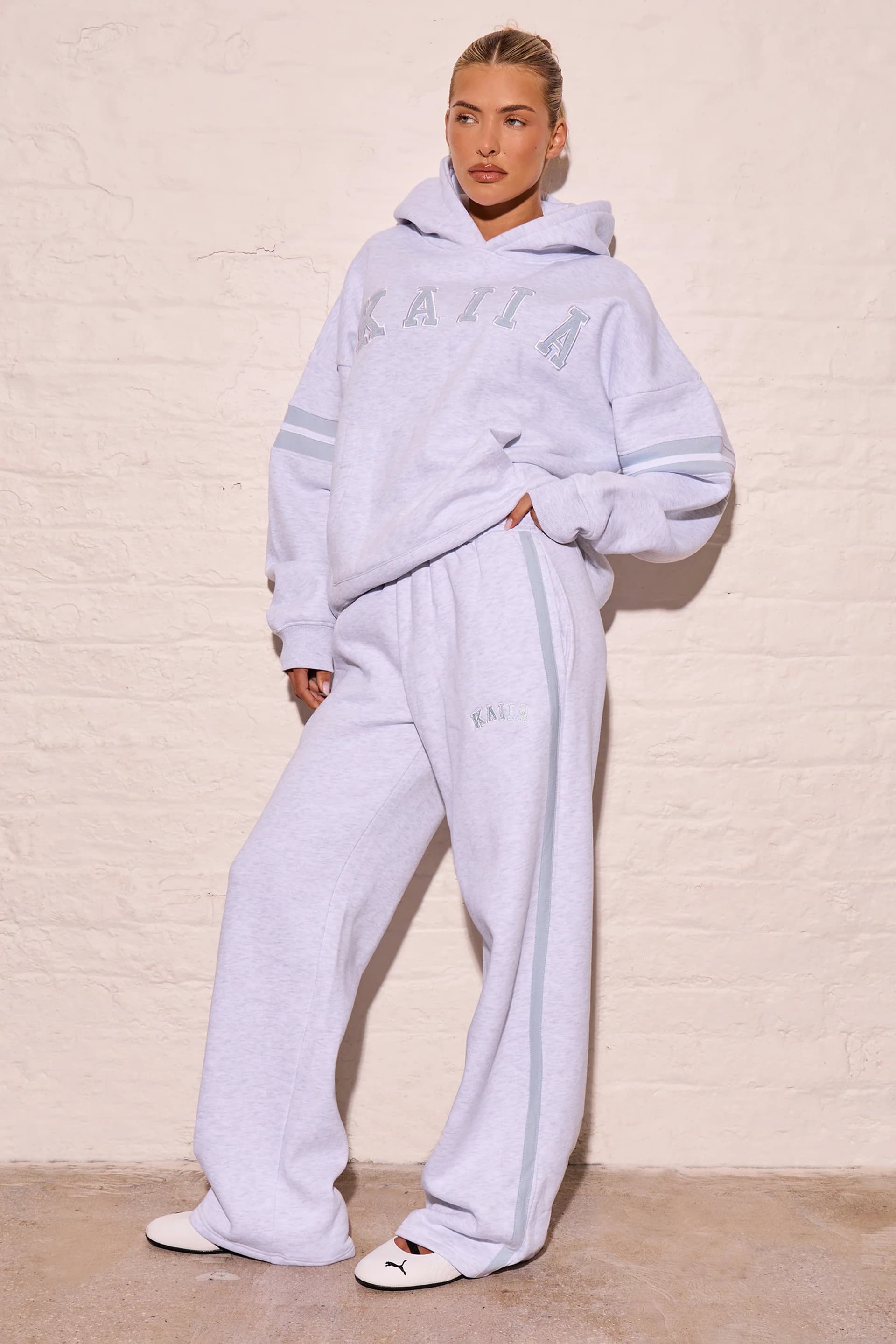 Kaiia Kaiia Side Stripe Wide Leg Joggers Light Grey Marl & Dusty Blue