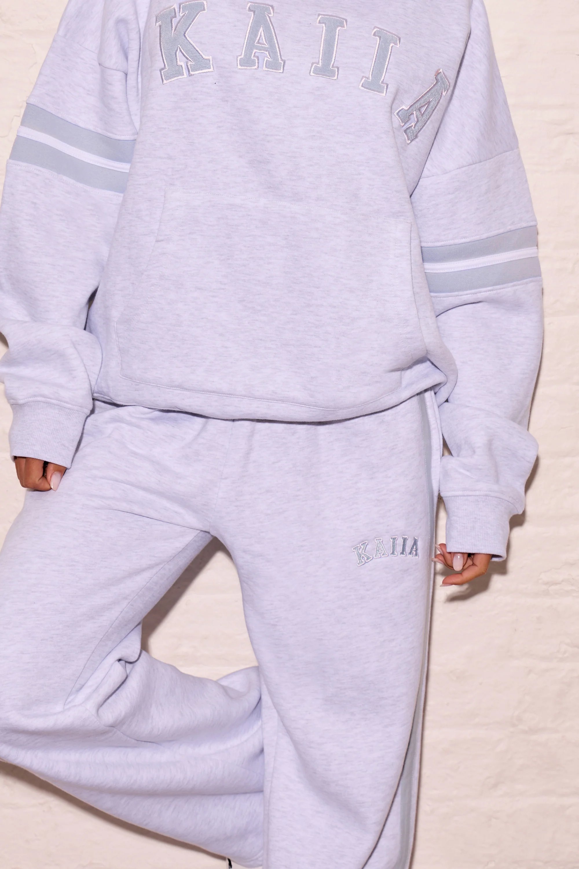 Kaiia Kaiia Side Stripe Wide Leg Joggers Light Grey Marl & Dusty Blue - 2