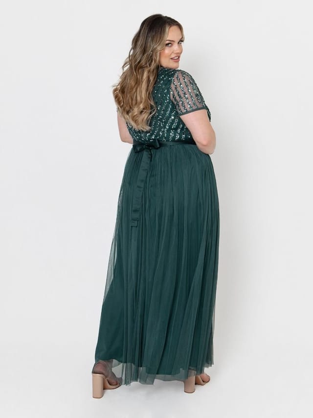 Maya Deluxe Maya Deluxe Women's Belted Stripe Embellished Maxi Dress in Emerald - 3