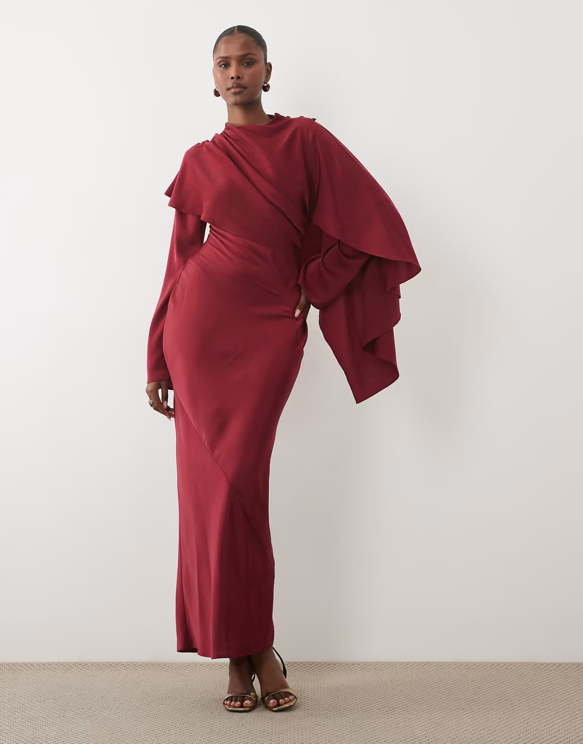 ASOS ASOS DESIGN asymmetric cape detail maxi dress with gathered waist in berry