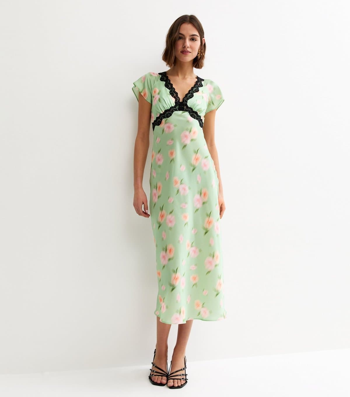 New Look Women's Light Green Blur Floral Lace Trim Midi Dress New Look