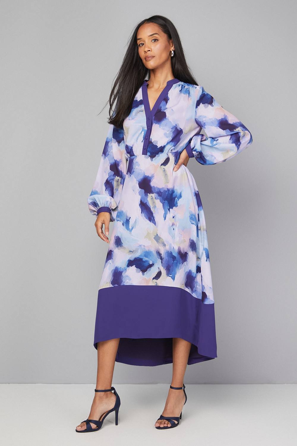 Wallis Wallis Women's Abstract Belted Contrast Midi Dress in Blue - 2