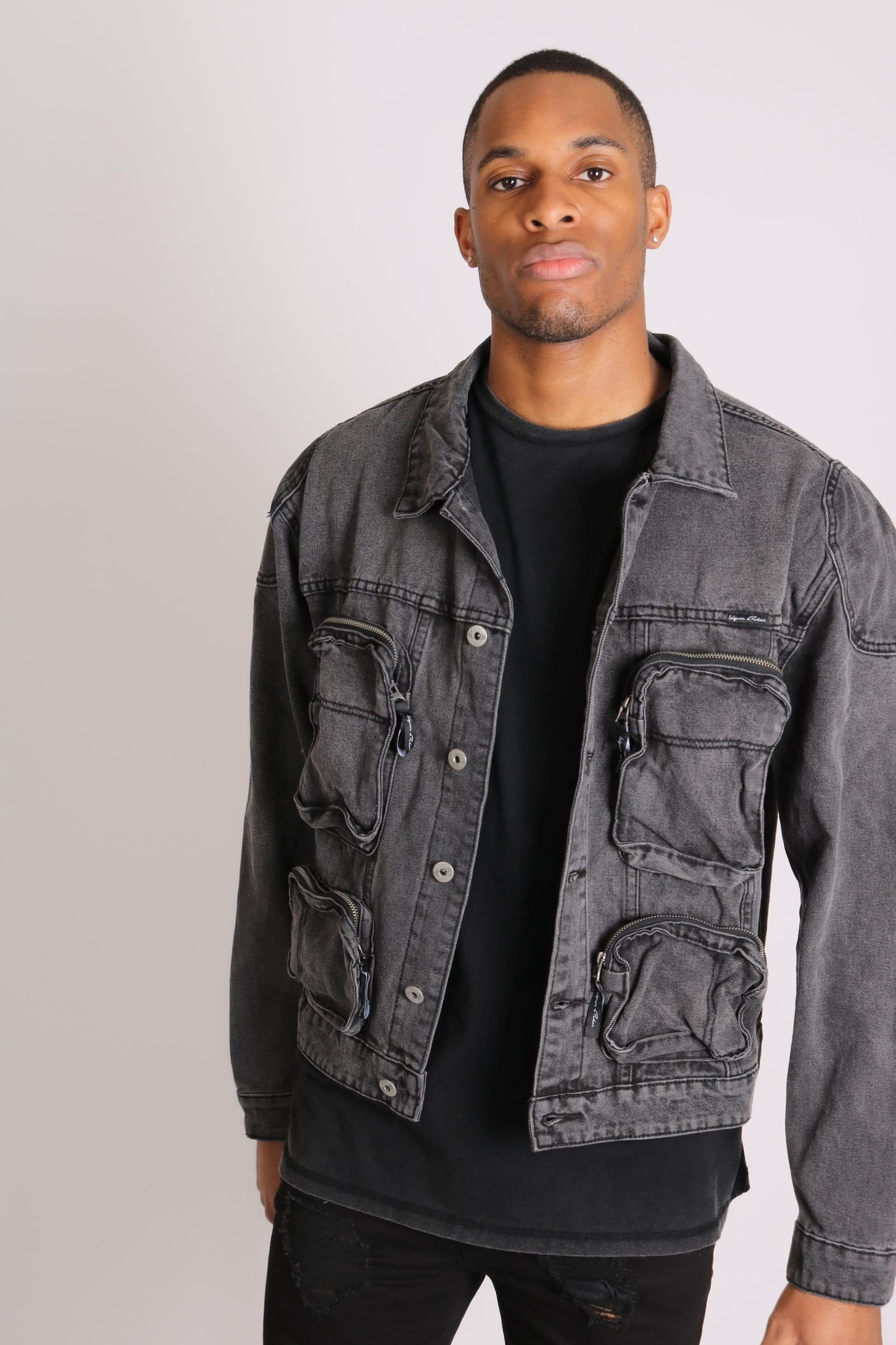 Liquor N Poker Liquor n Poker Men's Fort Oversized Utility Pocket Denim Jacket In Washed Grey in Black