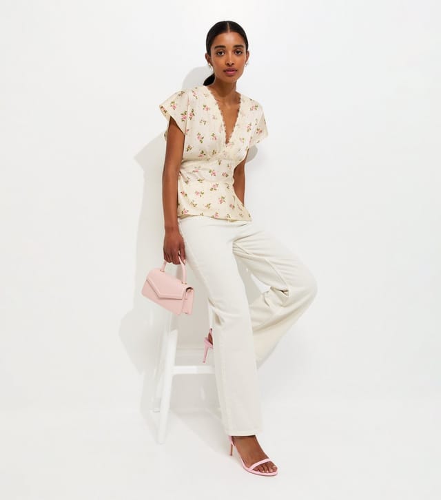 New Look Women's Cream Satin Floral Lace Trim Tea Top New Look - 2