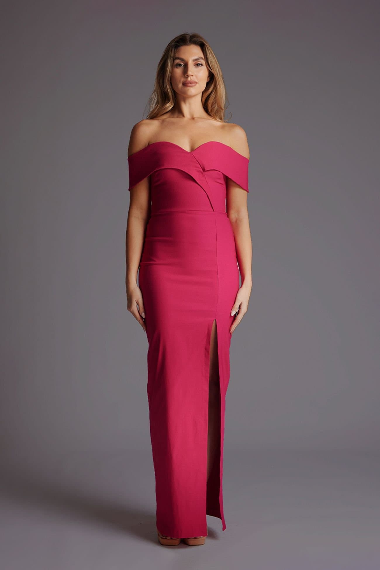 Vesper Vesper Women's Bardot Neckline Maxi Dress in Cerise
