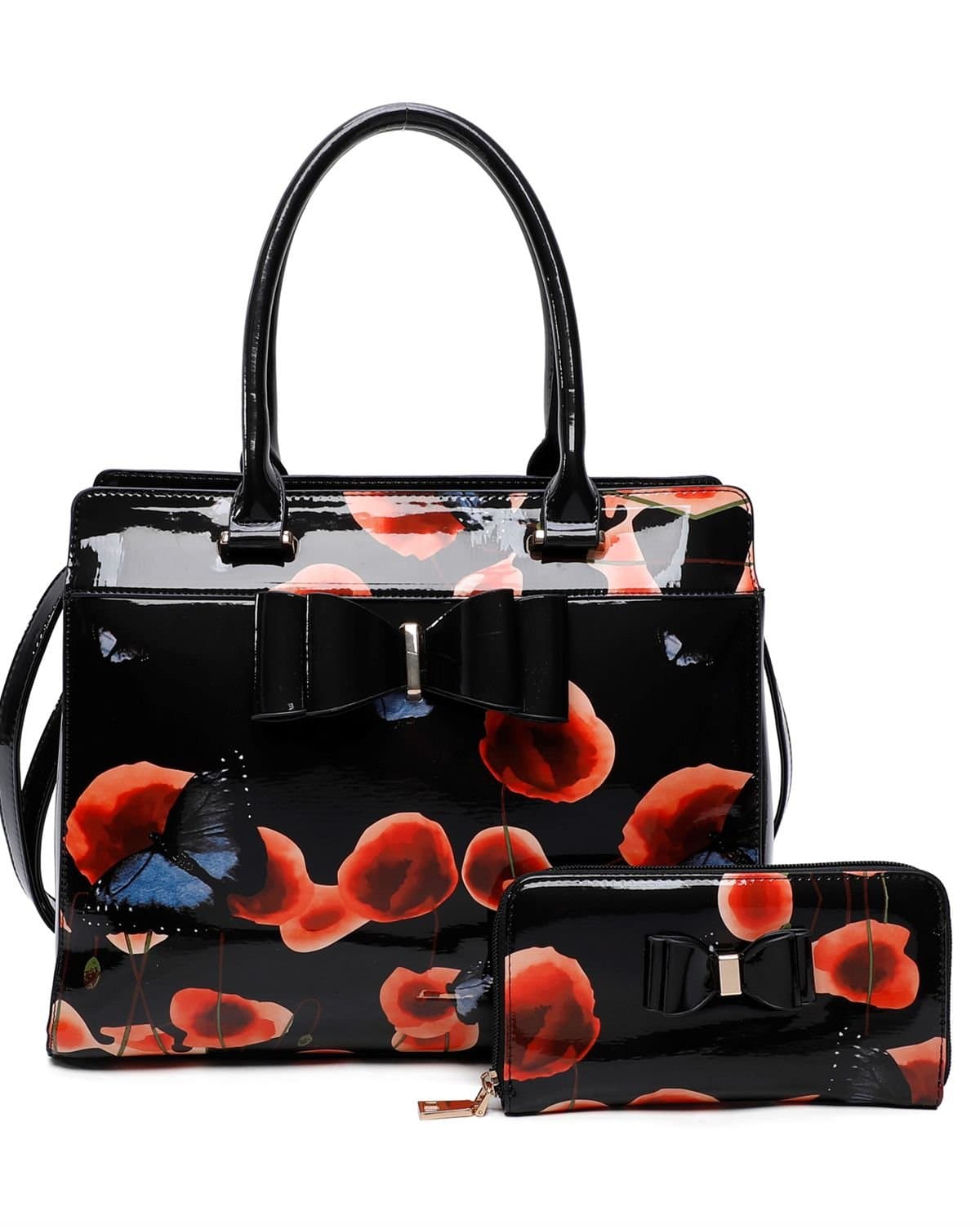 Fontanella Fashion Fontanella Fashion Black Poppy Flower & Butterfly Handbag Set
