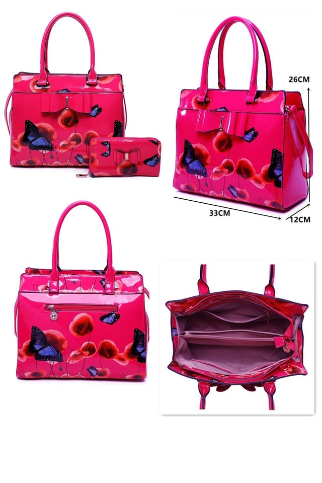 Fontanella Fashion Fontanella Fashion Women's Papavero 2IN1 PU Patent Poppy Flower & Buttlefly Bucket Shaped With Purse Set in Black - 2