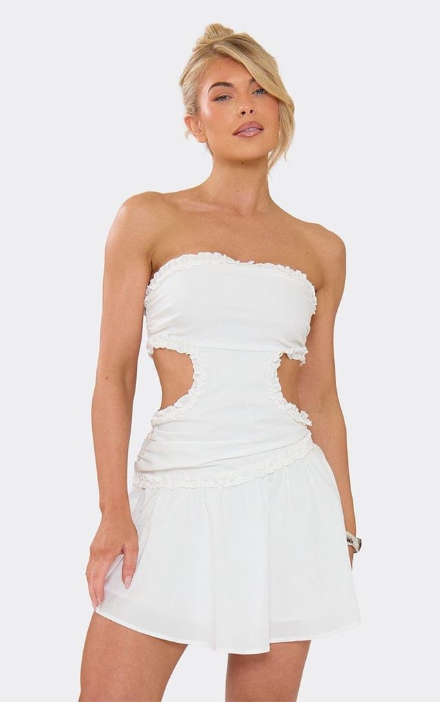 EGO Bandeau Cut Out Side Frill Hem Mini Dress In White, Women's Size UK 6 - 2