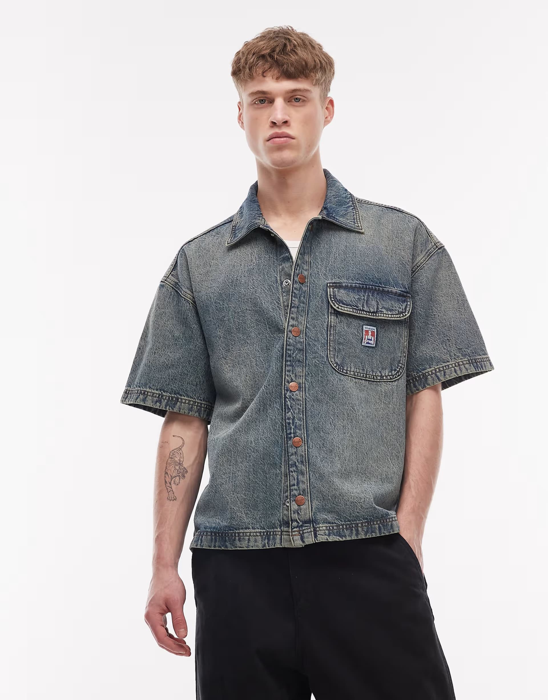 ASOS Wrangler short sleeve resort overshirt in black