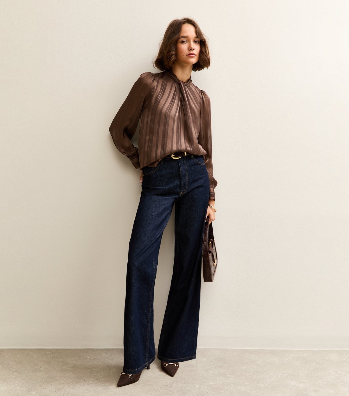 New Look Women's Dark Brown Metallic Stripe High Neck Blouse New Look - 3