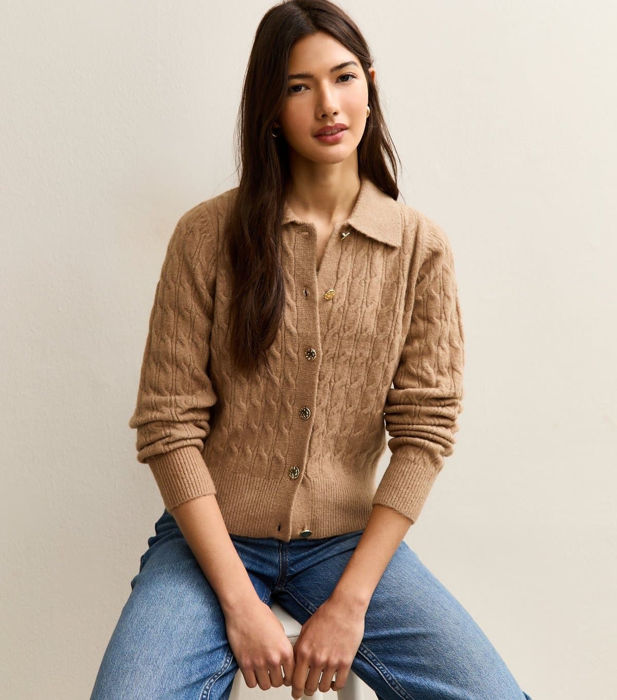 New Look Women's Camel Cable Knit Collared Cardigan New Look
