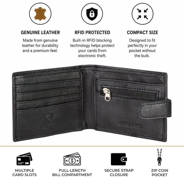 Woodland Leathers Woodland Leathers Men's Men's RFID Leather Wallet with Zip Coin Pocket in Black - 3