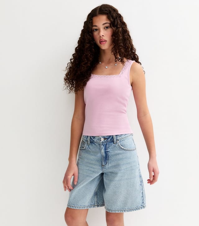 New Look Girls' Light Pink Lace Trim Square Neck Vest Top New Look - 2