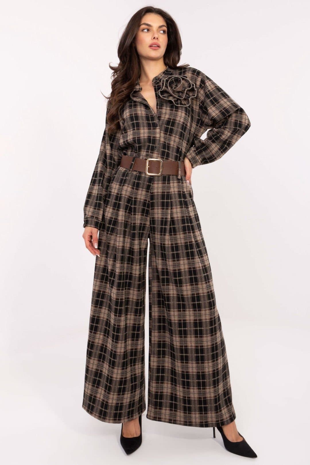 Love Lace Love Lace Women's High Waist Checkered Palazzo Trousers with Belt in Brown