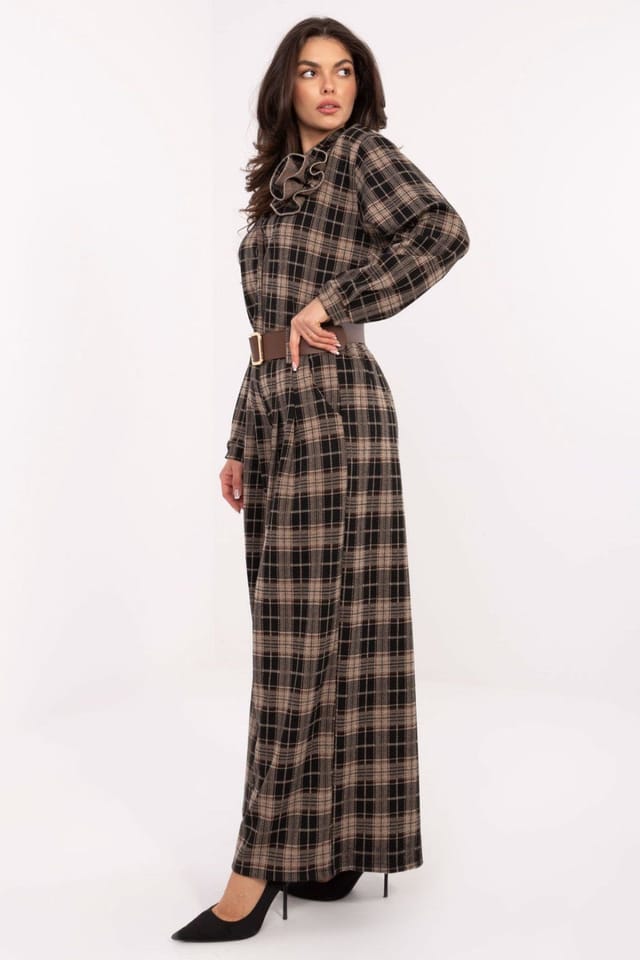 Love Lace Love Lace Women's High Waist Checkered Palazzo Trousers with Belt in Brown - 2